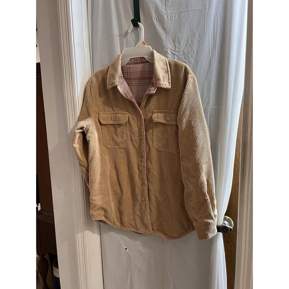 Love Tree Womens Jacket Size M Medium Tan Corduroy Reversible Shacket Pink Plaid